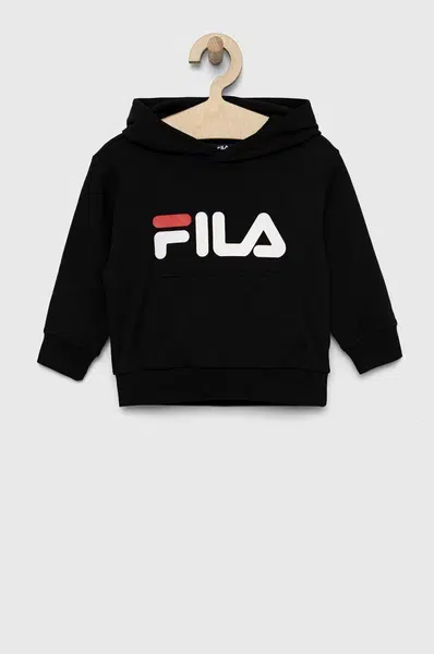 Dětská mikina Fila černá barva, s kapucí, s potiskem