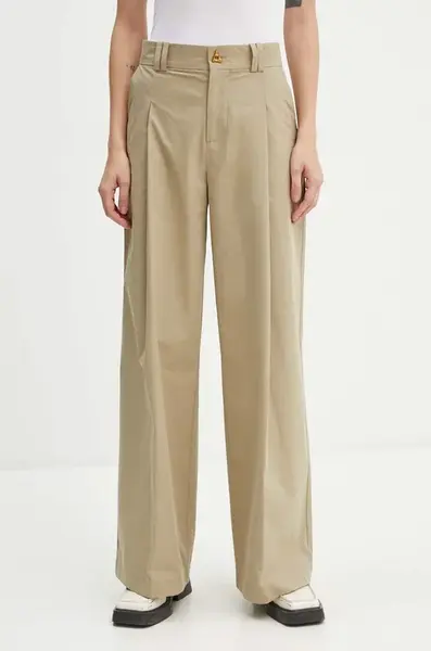 Bavlněné kalhoty AERON béžová barva, široké, high waist, PFPA249512