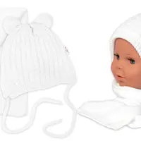 Baby Nellys Zimní čepice na zavazování s bambulky + šál - bílá
