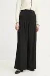 Kalhoty s příměsí vlny Remain černá barva, široké, high waist, 502322100