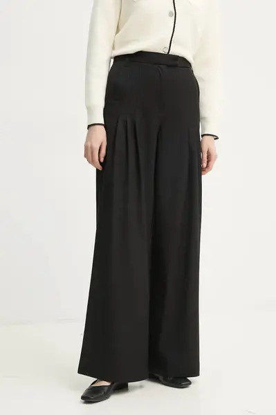 Kalhoty s příměsí vlny Remain černá barva, široké, high waist, 502322100