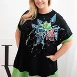 Kesi Włoski Zelená dámska tunika Plus Size s kvetinovým vzorom a ozdobnými perličkami