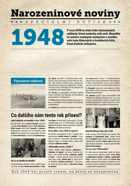 Narozeninové noviny 1948 s vlastním textem a fotografií, S textem