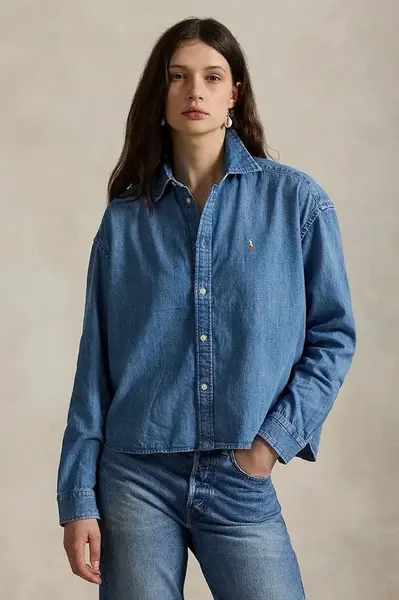 Džínová košile Polo Ralph Lauren dámská, modrá barva, relaxed, s klasickým límcem, 211969457