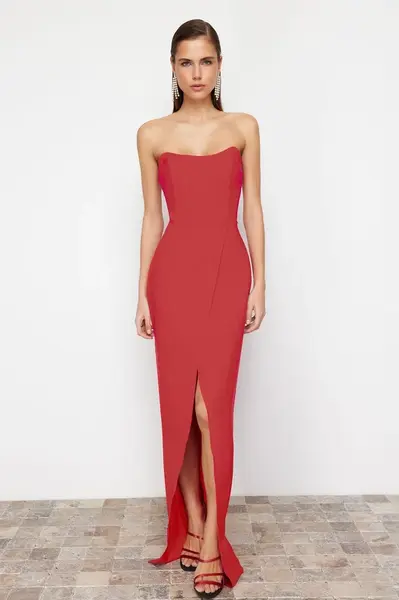 Trendyol Red Corset Detailed Woven Long Evening Dress