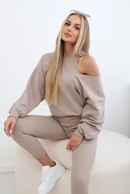 3dílný set mikina + top + legíny tmavě béžová