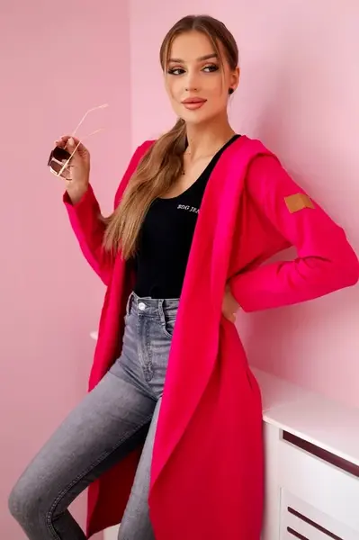 Dlouhý kardigan s kapucí ve fuchsiové barvě