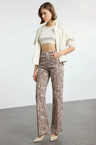 Trendyol Multicolored Animal Print Brown Snake Pattern High Waist Wide Leg Jeans