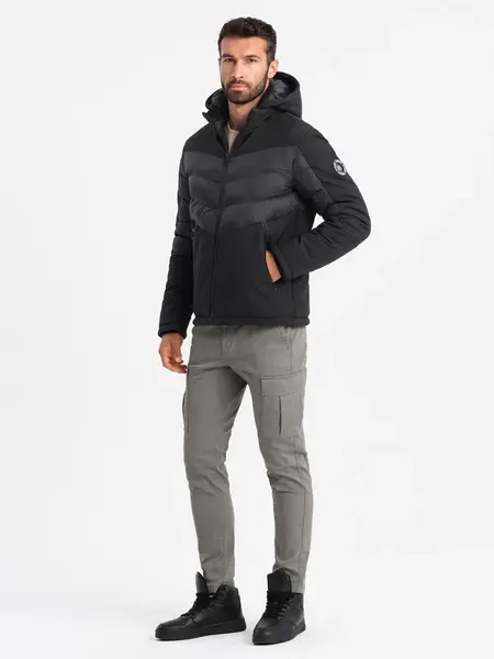 Ombre Pikowana męska kurtka z łączonych materiałów z wysokim kołnierzem – czarna