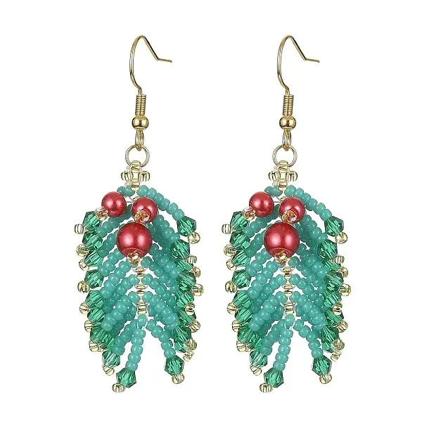 MIYUKI Rocailles & Glass Pearl Beaded Leaf Dangle Earrings