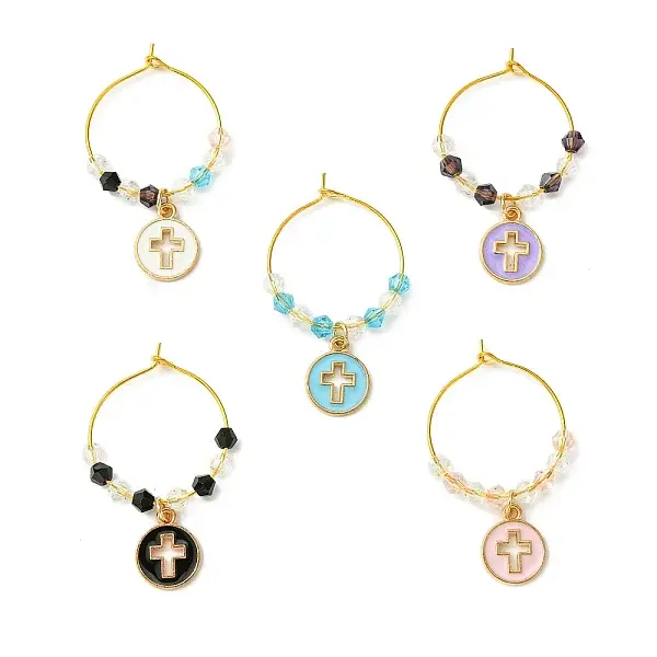 Flat Round with Cross Alloy Enamel Wine Glass Charms