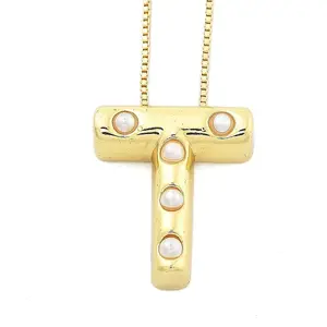 Brass & Plastic Pearl Letter Pendant Box Chain Necklaces for Women