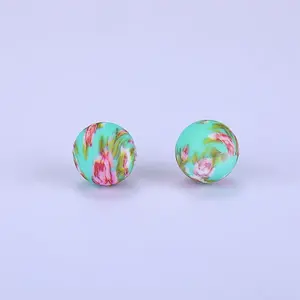 Printed Round with Flower Pattern Silicone Focal Beads