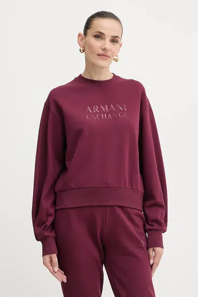 Bavlněná mikina Armani Exchange dámská, vínová barva, s potiskem, XW000747 AF16114