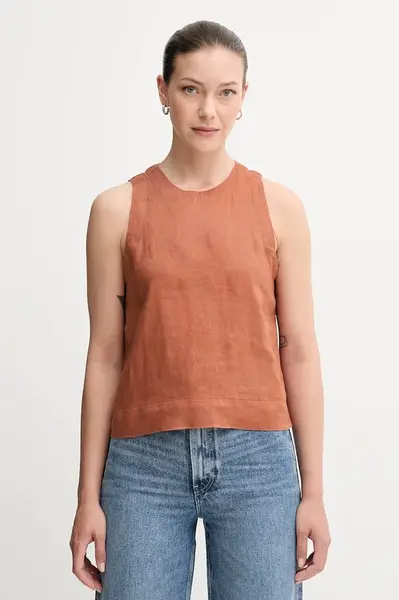 Lněná halenka United Colors of Benetton dámská, hnědá barva, hladká, 5BMLDQ0BU