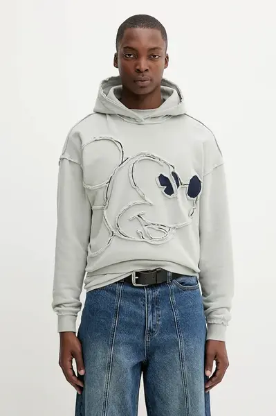 Bavlněná mikina Desigual SHEFFIELD MICKEY pánská, šedá barva, s kapucí, vzorovaná, 25WMSK08