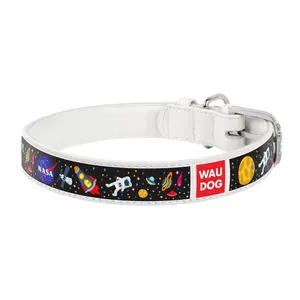 Kožený obojok so vzorom NASA biely, Obvod krku: 30-39 cm, širka: 20 mm