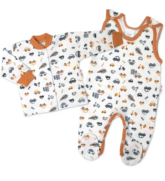 Baby Nellys 2-dielna sada, bavlnené dupačky s košieľkou Car, smotanové