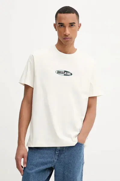 Bavlněné tričko Guess Jeans pánské, béžová barva, s aplikací, M5YI07 K8FQ4