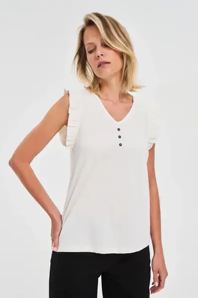 Marisse White Blouse With Ruffles On The Shoulders