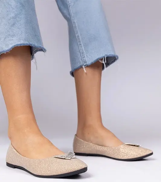 Gemre Champagne women's glitter ballet flats with butterfly Denny