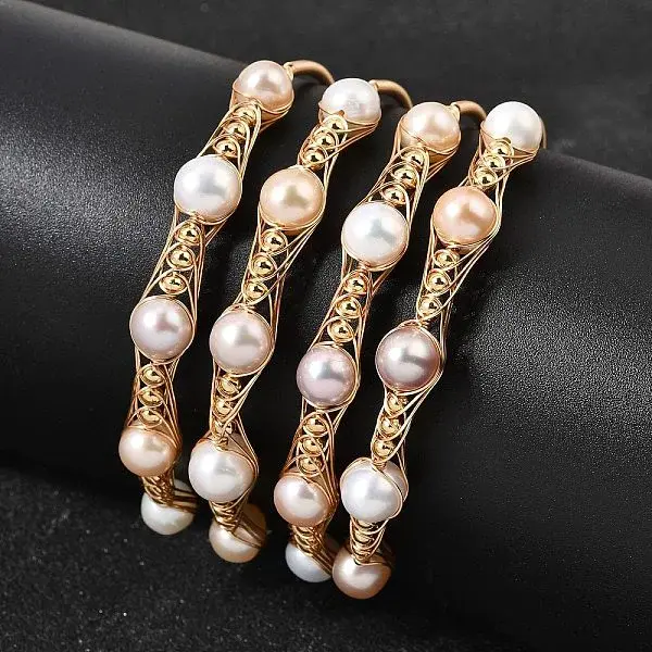 Brass Wire Wrapped Natural Pearl Cuff Bangles for Women