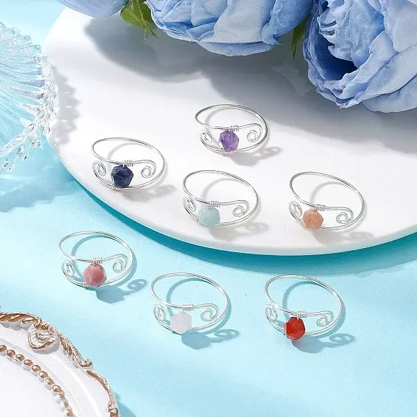 7Pcs Copper Wire Wrapped Gemstone Star Cut Round Bead Finger Rings for Women