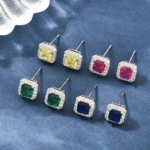 Square Brass Micro Pave Cubic Zirconia Stud Earrings