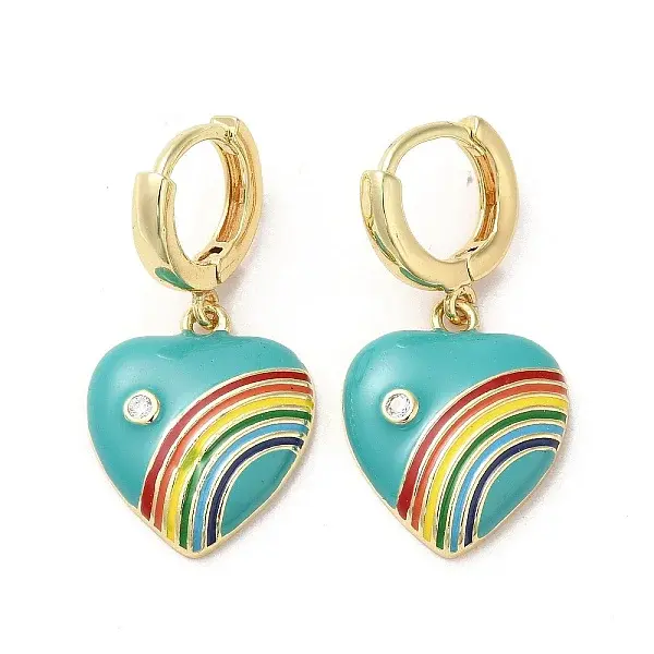 Heart with Rainbow Real 18K Gold Plated Brass Dangle Hoop Earrings