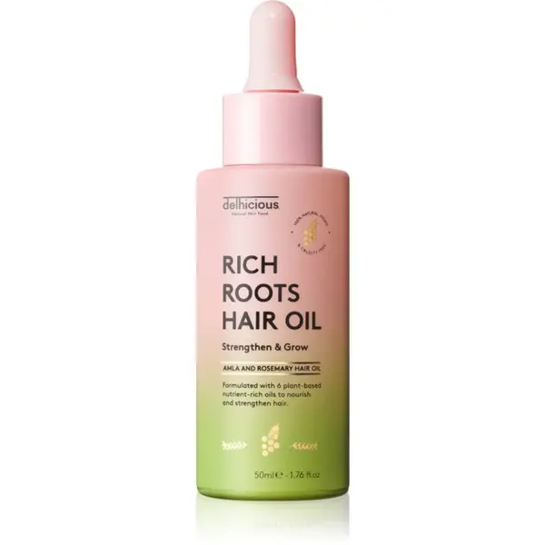 delhicious RICH ROOTS AMLA & ROSEMARY HAIR OIL hydratačný a upokojujúci olej pre suchú pokožku hlavy so sklonom k svrbeniu 50 ml