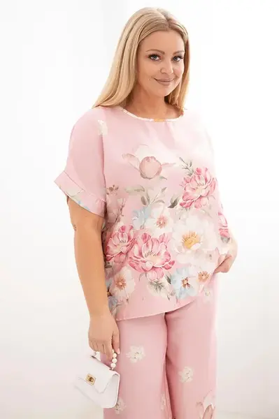 Kesi Plus Size dámska súprava s blúzkou a kvetinovými nohavicami