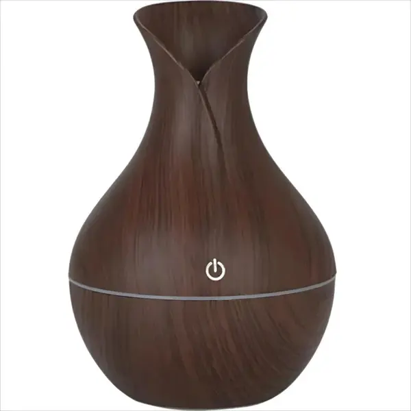 Difúzor zvlhčovača vzduchu, ultrazvukový, tvar vázy, tmavohnedá, USB napájanie, LED podsvietenie, automatické vypnutie