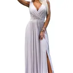 467-2 LOUISE long dress with a neckline and leg slit - beige with glitter