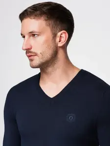 Ombre Men's elegant BASIC V-neck sweater with viscose - navy blue