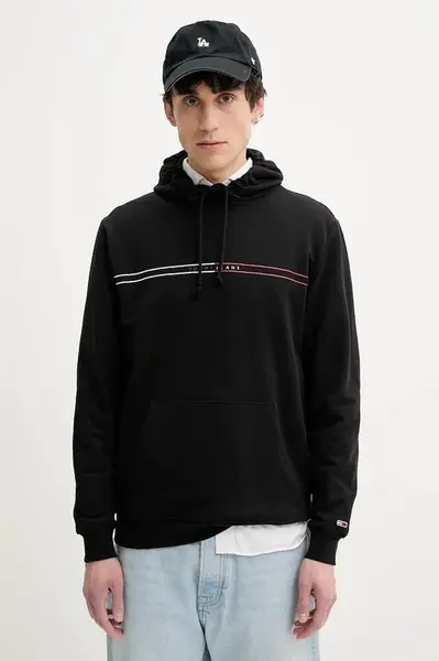 Bavlněná mikina Tommy Jeans pánská, černá barva, s kapucí, s potiskem, DM0DM20847
