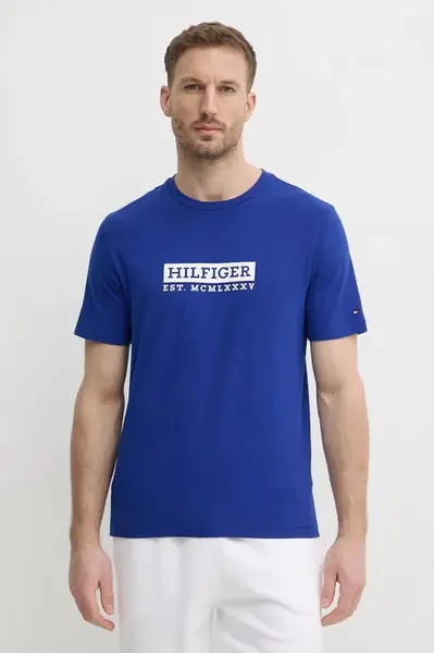 Bavlněné tričko Tommy Hilfiger modrá barva, s potiskem, MW0MW39149