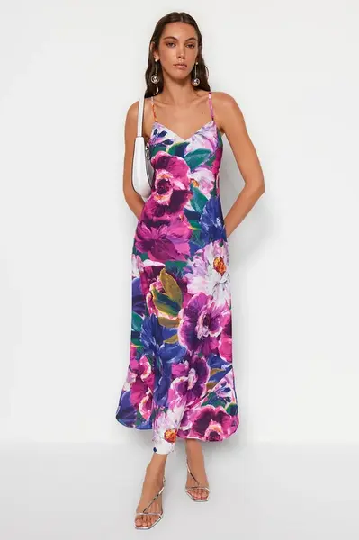 Trendyol Multicolored Flower Print Straight Cut Strap Midi Satin Woven Dress