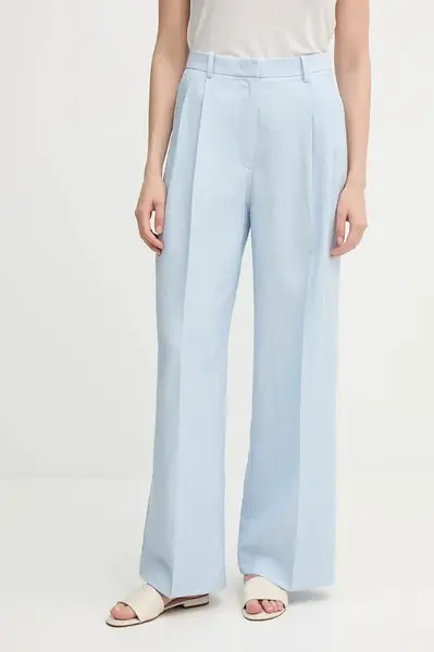 Kalhoty s příměsí lnu Tommy Hilfiger dámské, modrá barva, high waist, WW0WW45460