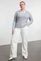 Trendyol Curve Gray Shirt Collar Detailed Jersey Knit Plus Size Blouse