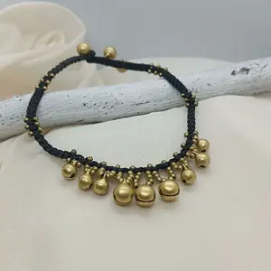 Ethnic Style Brass Bell Charm Braided Waxed Cord Adjustable Anklets for Women
