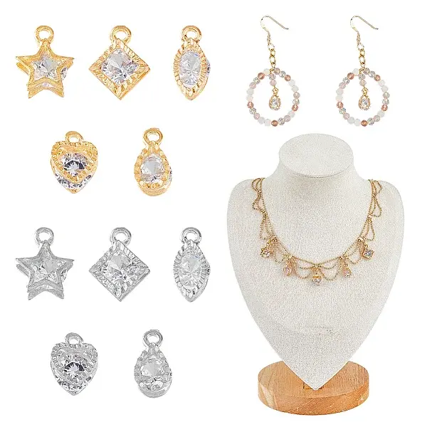 60Pcs 10 Styles Alloy Clear Cubic Zirconia Charms