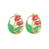 304 Stainless Steel Red and Green Enamel Tulip Pendants