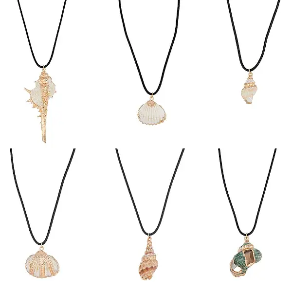 6Pcs 6 Style Natural Shell Pendant Necklaces Set with Wax Cords for Women