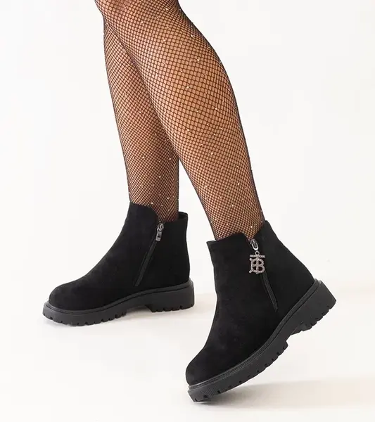 Gemre Black ankle boots with decorative charm on eco-suede platform Melane