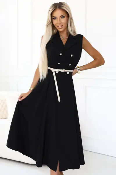 596-3 Elegant midi shirt dress with gold buttons and belt - black