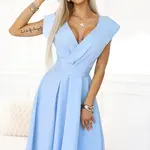 348-12 SCARLETT - flared midi dress with envelope neckline and belt - light blue