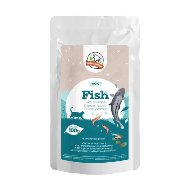 Farkaskonyha ryby, krevety a zelené mušle dusené menu pre dospelé mačky 100 g