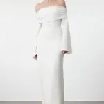 Trendyol White Carmen Collar Knitted Long Elegant Evening Dress