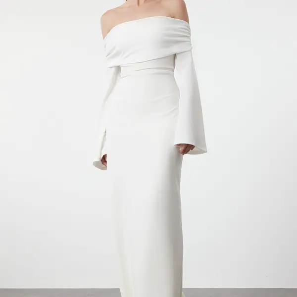 Trendyol White Carmen Collar Knitted Long Elegant Evening Dress