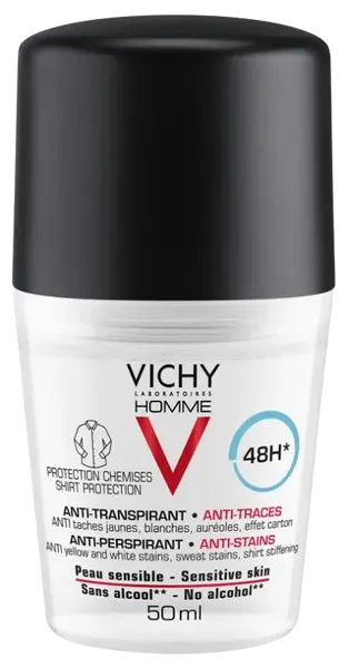 VICHY Homme Deo roll-on proti škvrnám 48H antiperspirant na citlivú pokožku 50 ml